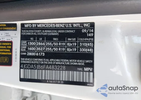 2015 Mercedes-Benz Ml 350 z USA, uszkodzony, nr VIN 4JGDA5JB6FA483228